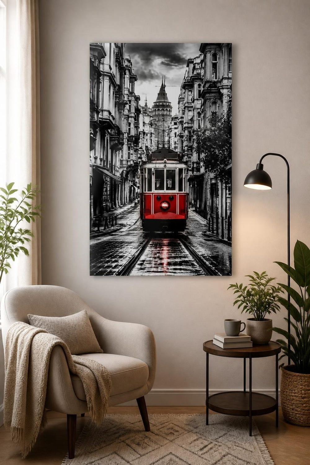 İstanbul Tramvay Baskılı Cam Tablo – Galata Kulesi Şehir Manzarası UV Baskı — görsel 5