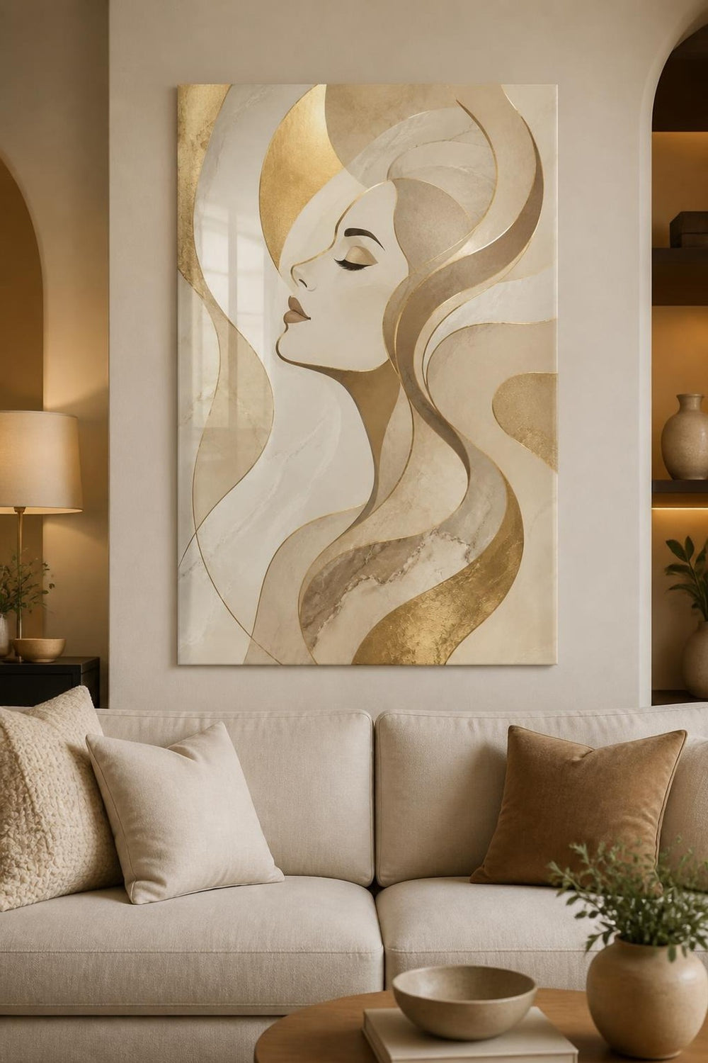 Kadın Portre Desenli Baskılı Cam Tablo – Gold Detaylı Modern Duvar Tablosu — görsel 1
