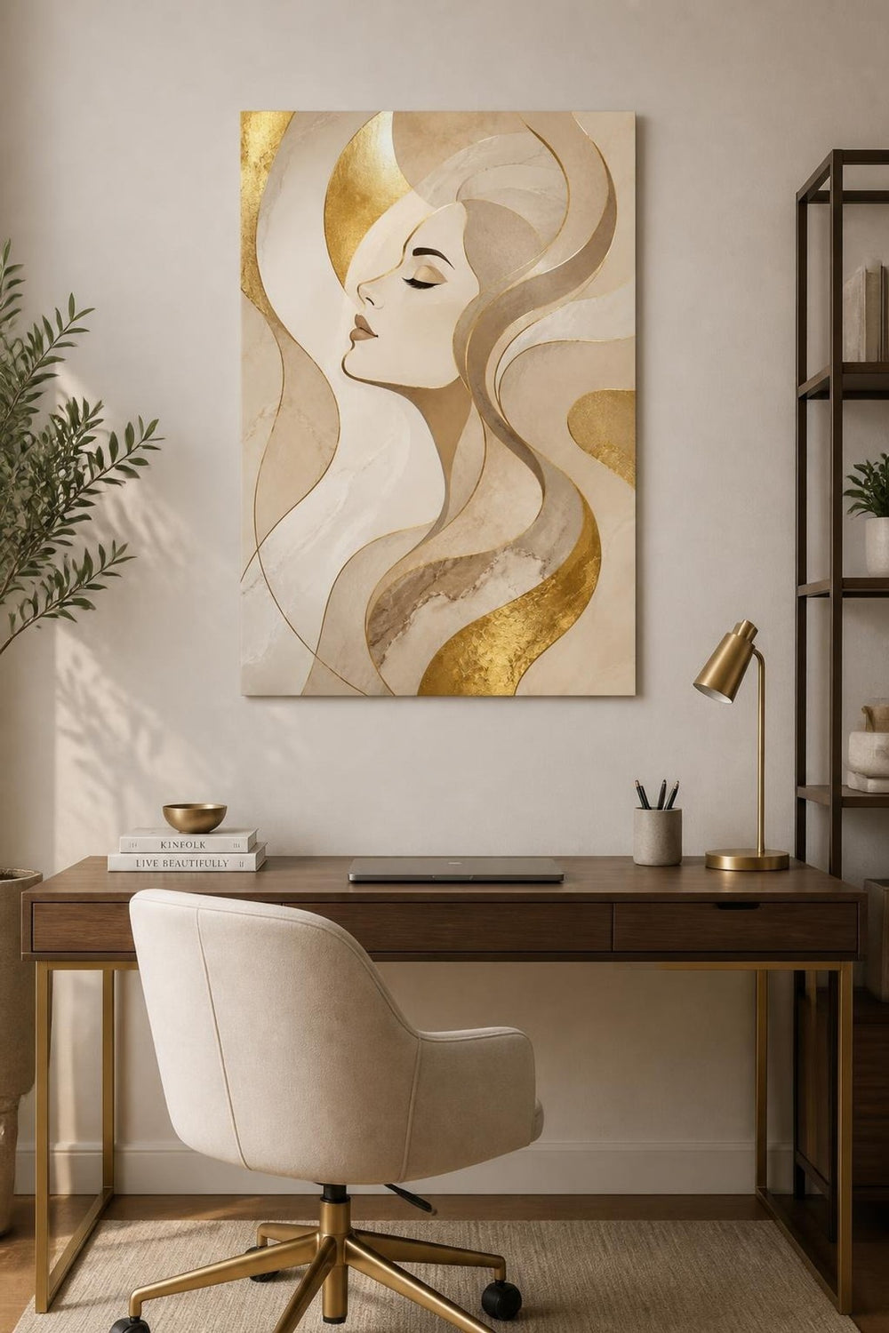 Kadın Portre Desenli Baskılı Cam Tablo – Gold Detaylı Modern Duvar Tablosu — görsel 2
