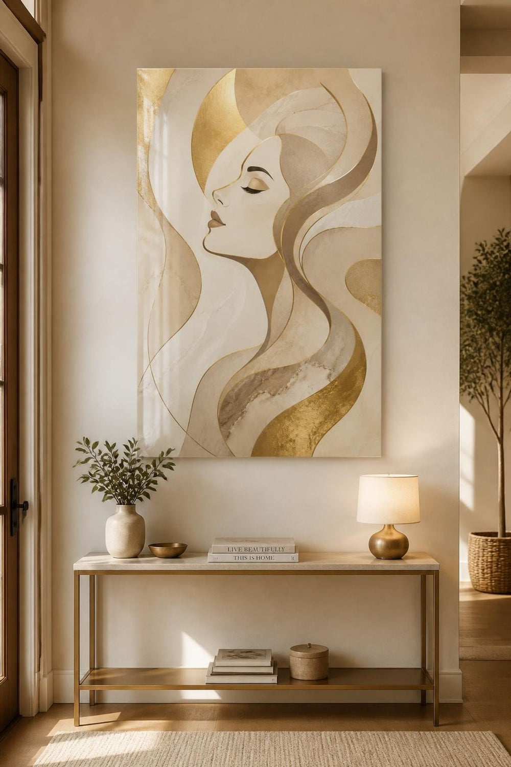 Kadın Portre Desenli Baskılı Cam Tablo – Gold Detaylı Modern Duvar Tablosu — görsel 4