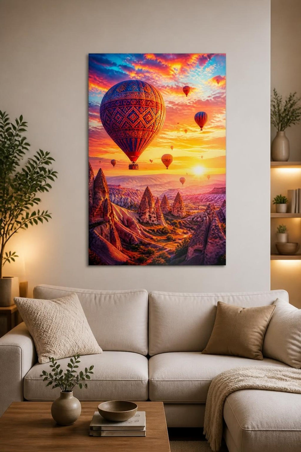 Kapadokya Balon Manzaralı Baskılı Cam Tablo – Canlı UV Baskı Duvar Dekoru — görsel 1