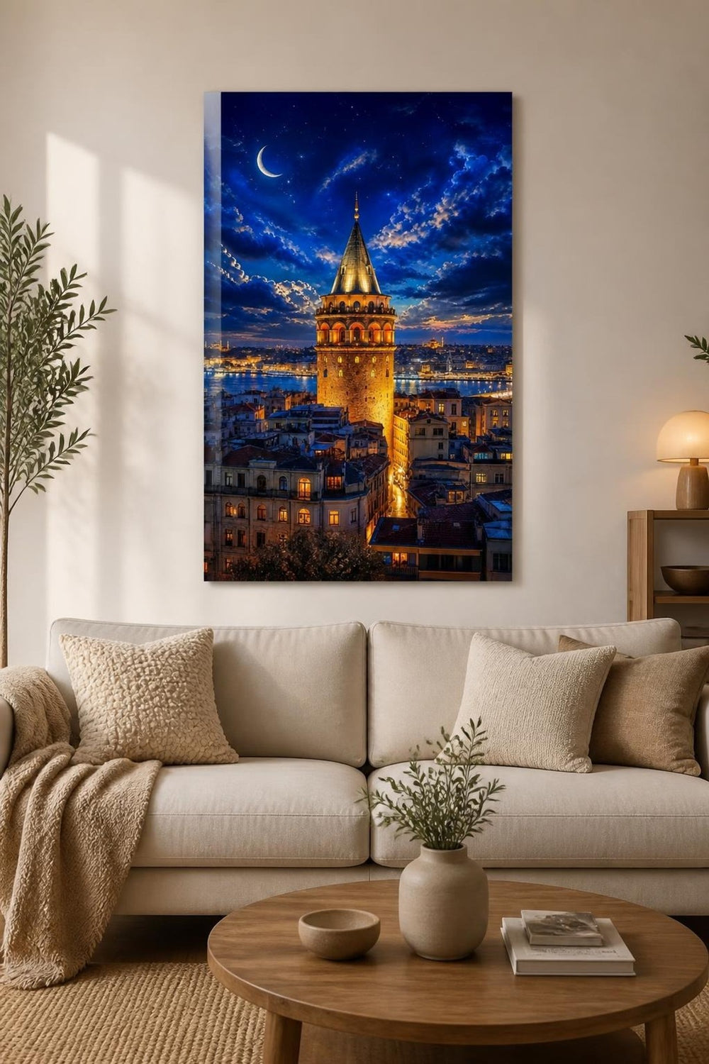 Galata Kulesi Desenli Baskılı Cam Tablo – İstanbul Gece Manzaralı UV Duvar Tablosu — görsel 1