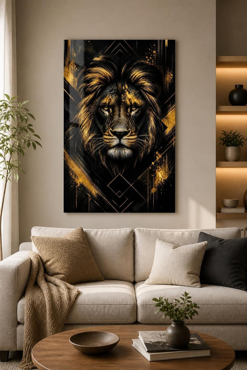 Aslan Desenli Baskılı Cam Tablo – Siyah Gold UV Baskı Dekoratif Duvar Tablosu — görsel 3