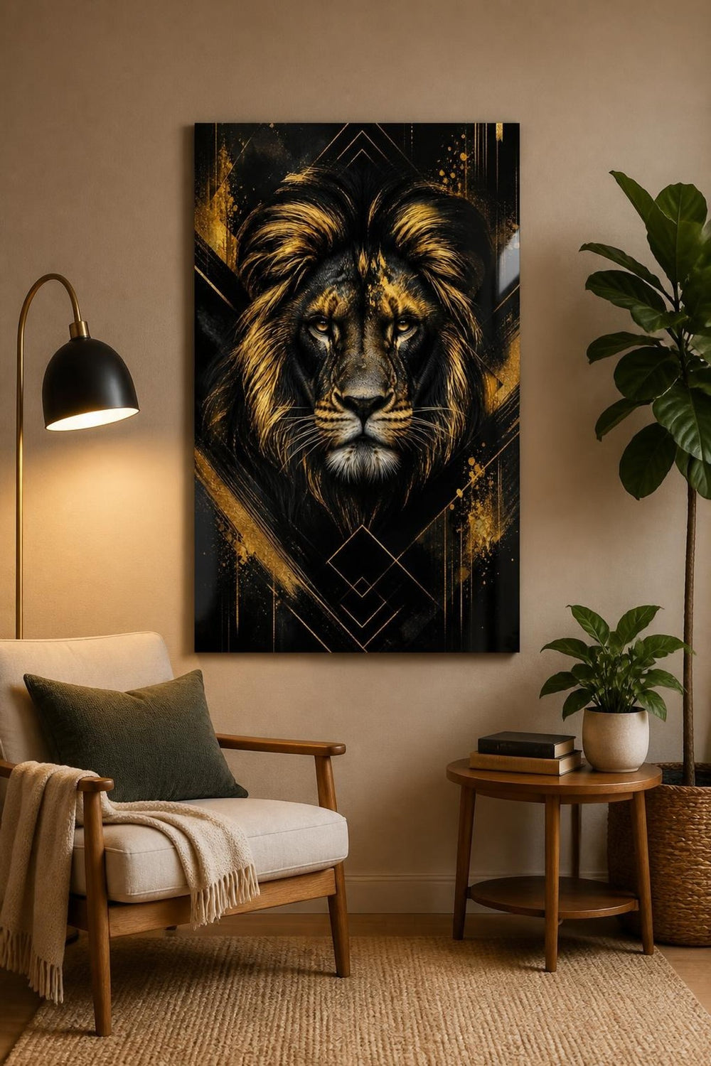 Aslan Desenli Baskılı Cam Tablo – Siyah Gold UV Baskı Dekoratif Duvar Tablosu — görsel 4