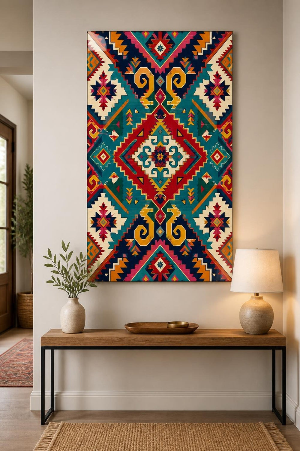 Etnik Kilim Desenli Baskılı Cam Tablo – Renkli Geometrik Dekoratif Duvar Tablosu — görsel 2