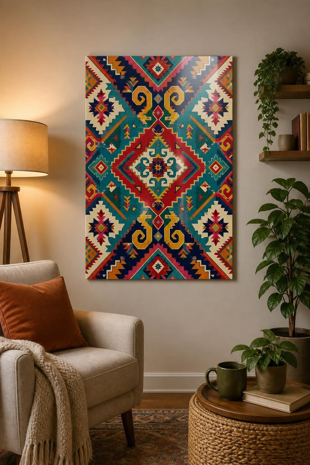 Etnik Kilim Desenli Baskılı Cam Tablo – Renkli Geometrik Dekoratif Duvar Tablosu — görsel 5