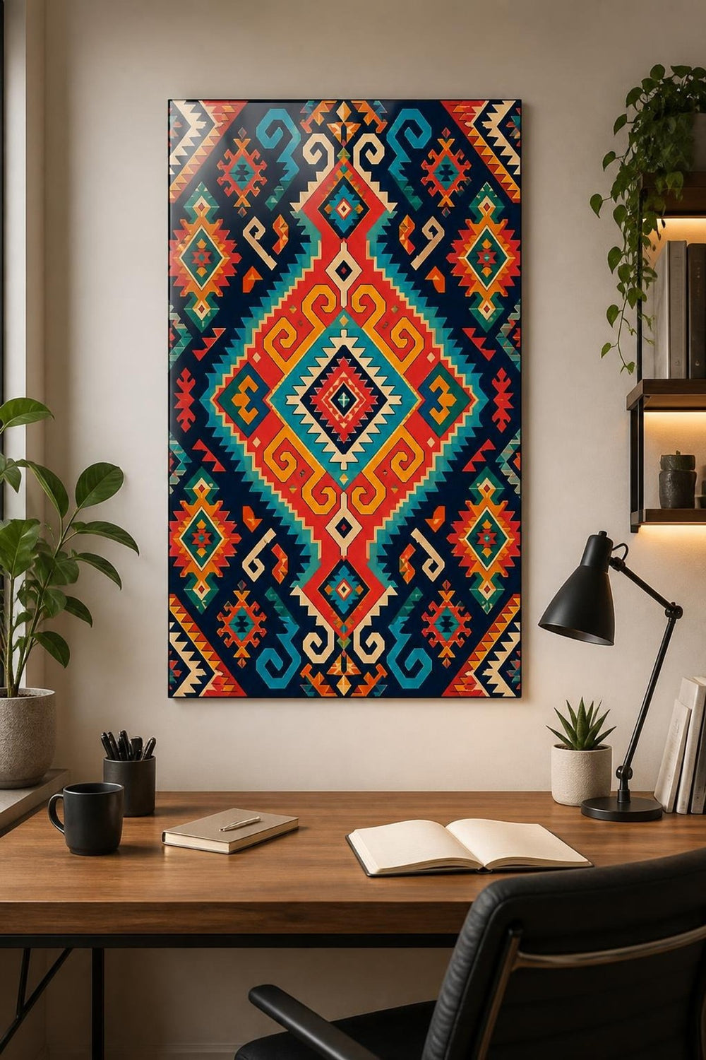 Etnik Kilim Desenli Baskılı Cam Tablo – Renkli Geometrik Dekoratif Duvar Tablosu — görsel 2