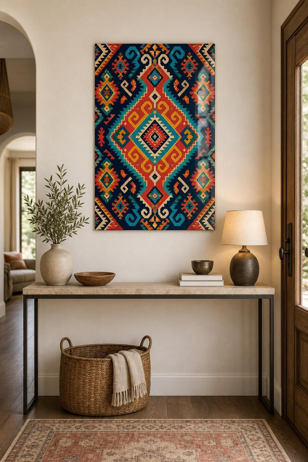 Etnik Kilim Desenli Baskılı Cam Tablo – Renkli Geometrik Dekoratif Duvar Tablosu — görsel 4