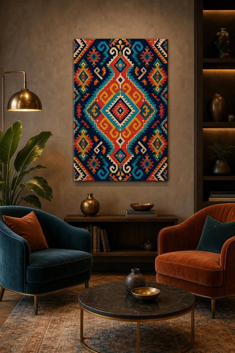 Etnik Kilim Desenli Baskılı Cam Tablo – Renkli Geometrik Dekoratif Duvar Tablosu — görsel 3