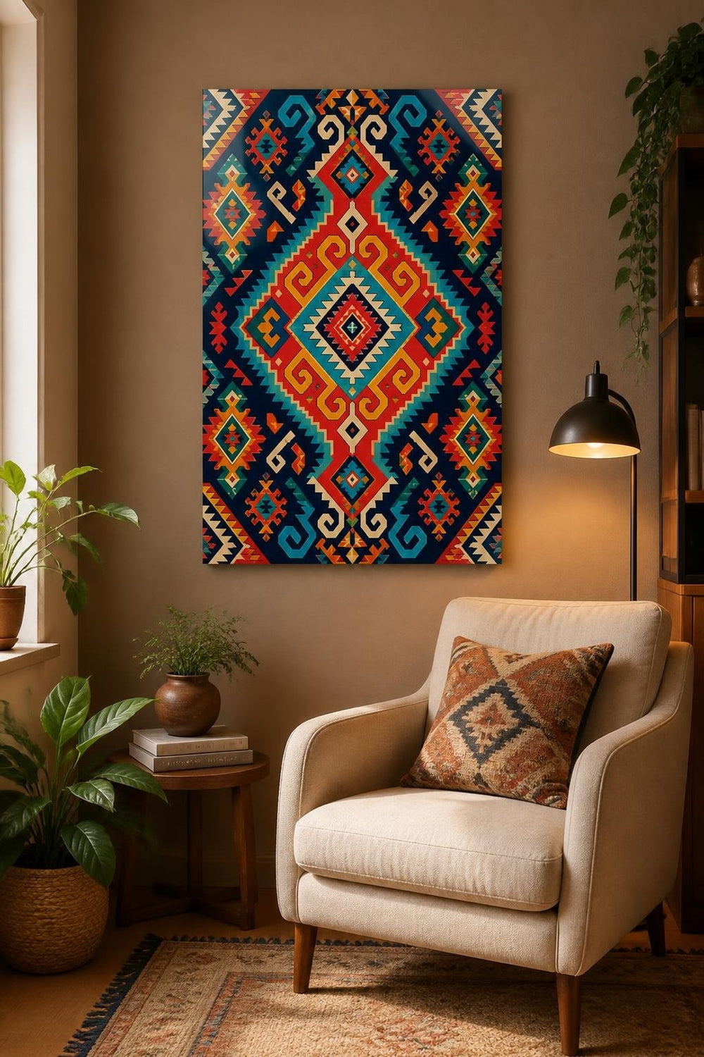 Etnik Kilim Desenli Baskılı Cam Tablo – Renkli Geometrik Dekoratif Duvar Tablosu — görsel 5