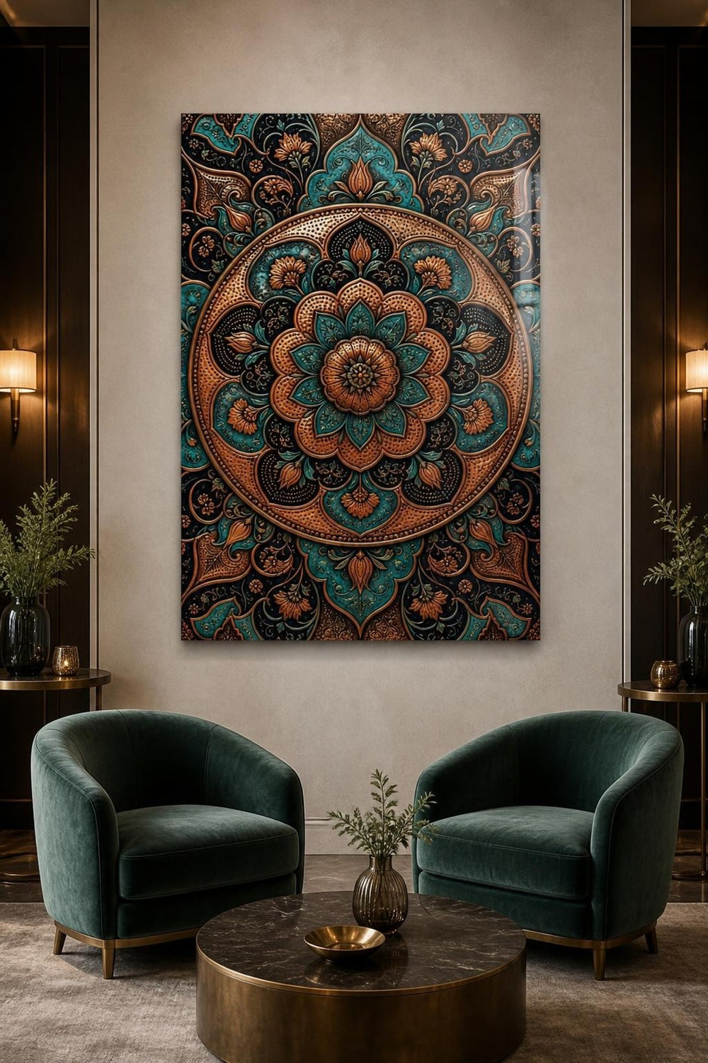 Otantik Mandala Desenli Baskılı Cam Tablo – Turkuaz Bakır Dekoratif Duvar Tablosu — görsel 3