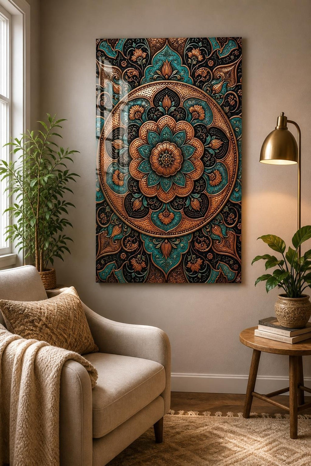 Otantik Mandala Desenli Baskılı Cam Tablo – Turkuaz Bakır Dekoratif Duvar Tablosu — görsel 5