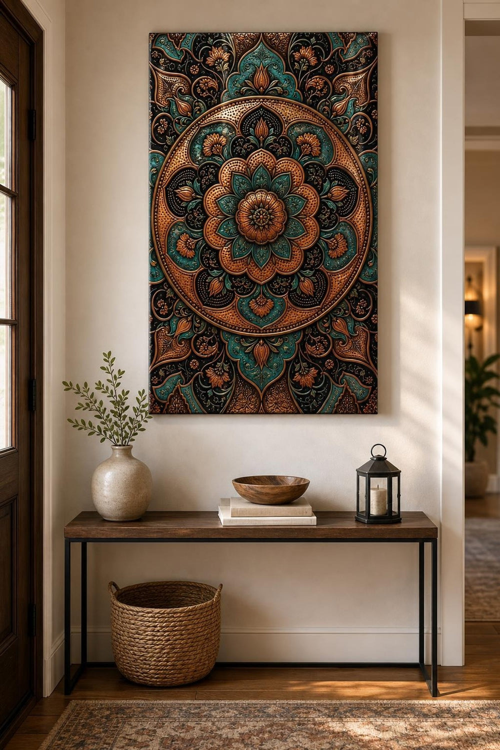 Otantik Mandala Desenli Baskılı Cam Tablo – Turkuaz Bakır Dekoratif Duvar Tablosu — görsel 4