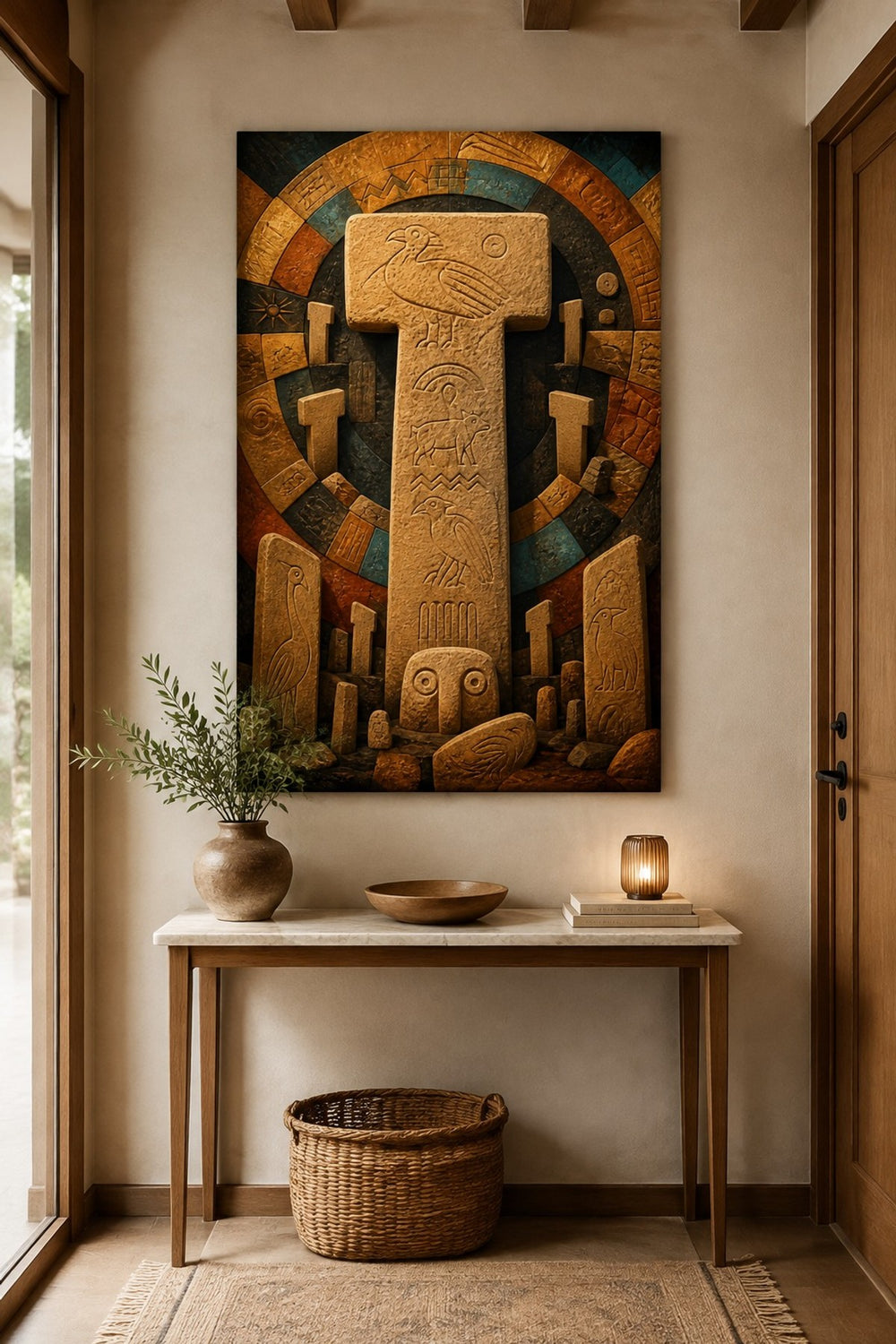 Göbeklitepe Motifli Baskılı Cam Tablo – Taş Desenli Arkeolojik Duvar Dekoru — görsel 2