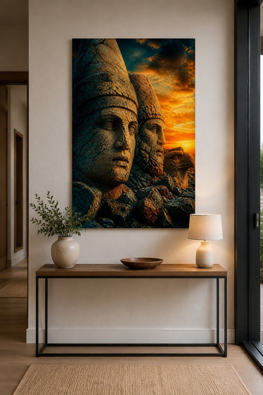 Nemrut Heykel Başları Baskılı Cam Tablo – Premium Taş Dokulu Duvar Dekoru — görsel 1
