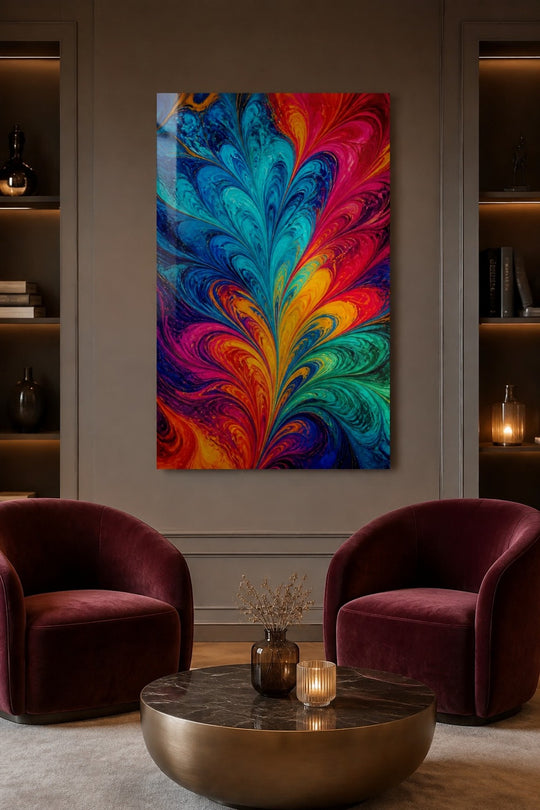 Ebru Desenli Baskılı Cam Tablo – Renk Geçişli Modern Dekoratif Duvar Tablosu — görsel 1