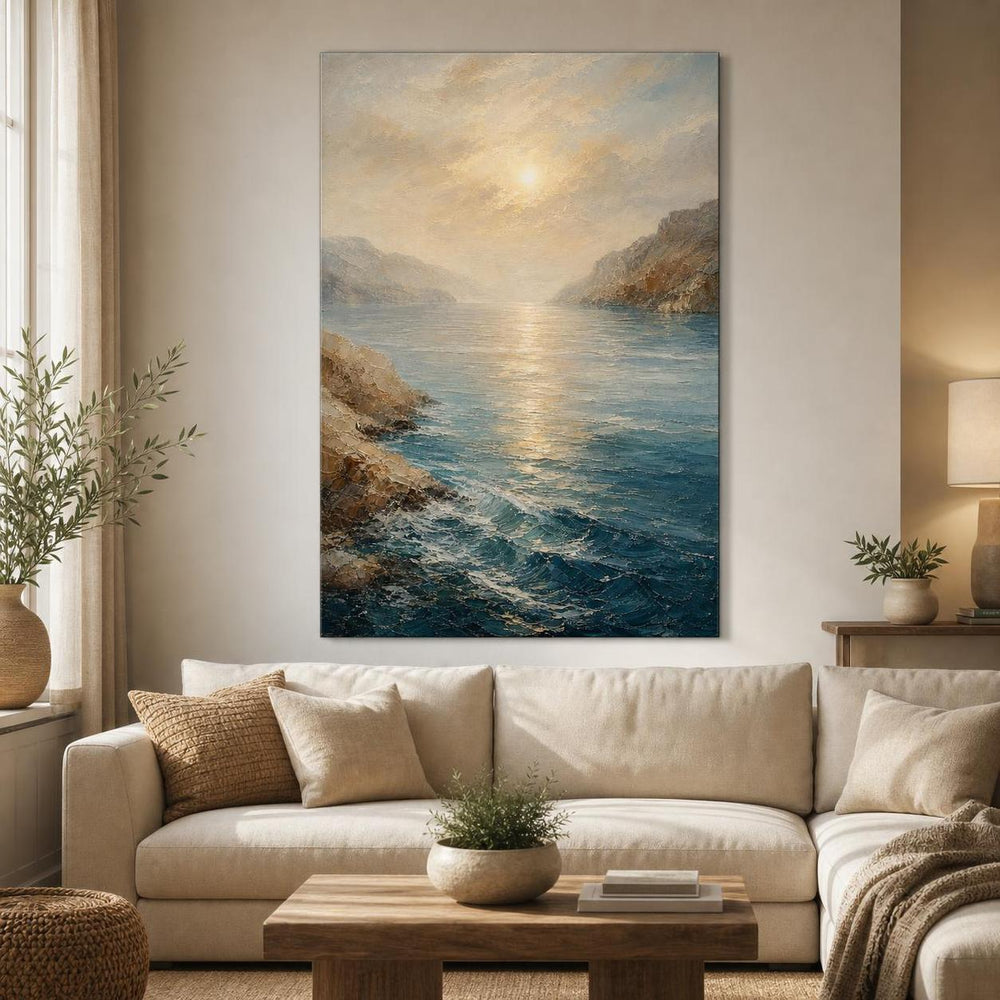 Deniz Manzaralı Baskılı Cam Tablo – Gün Batımı Kayalık Sahil Dekoratif Duvar Tablosu — görsel 1