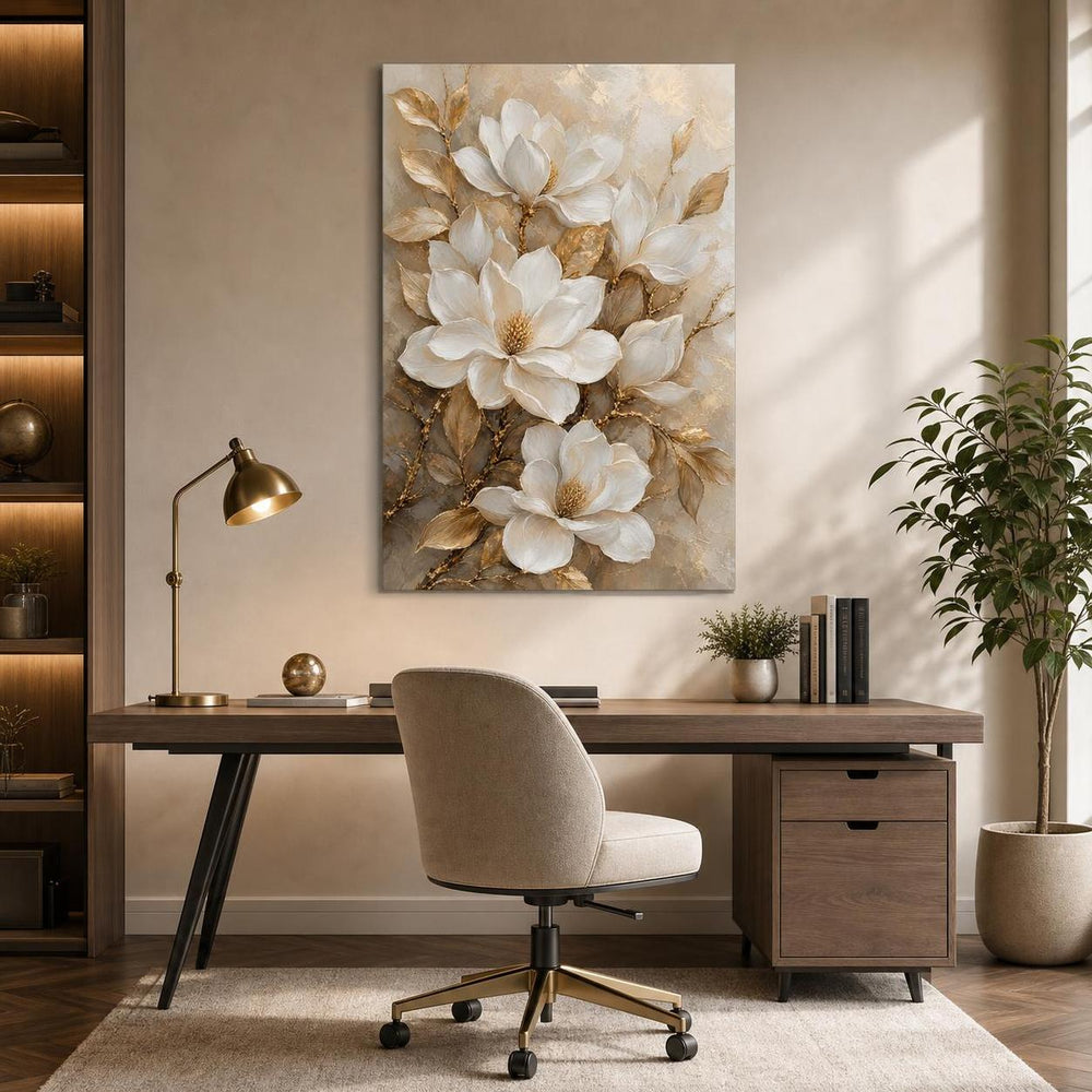 Beyaz Manolya Desenli Baskılı Cam Tablo – Gold Detaylı Dekoratif Duvar Tablosu — görsel 3