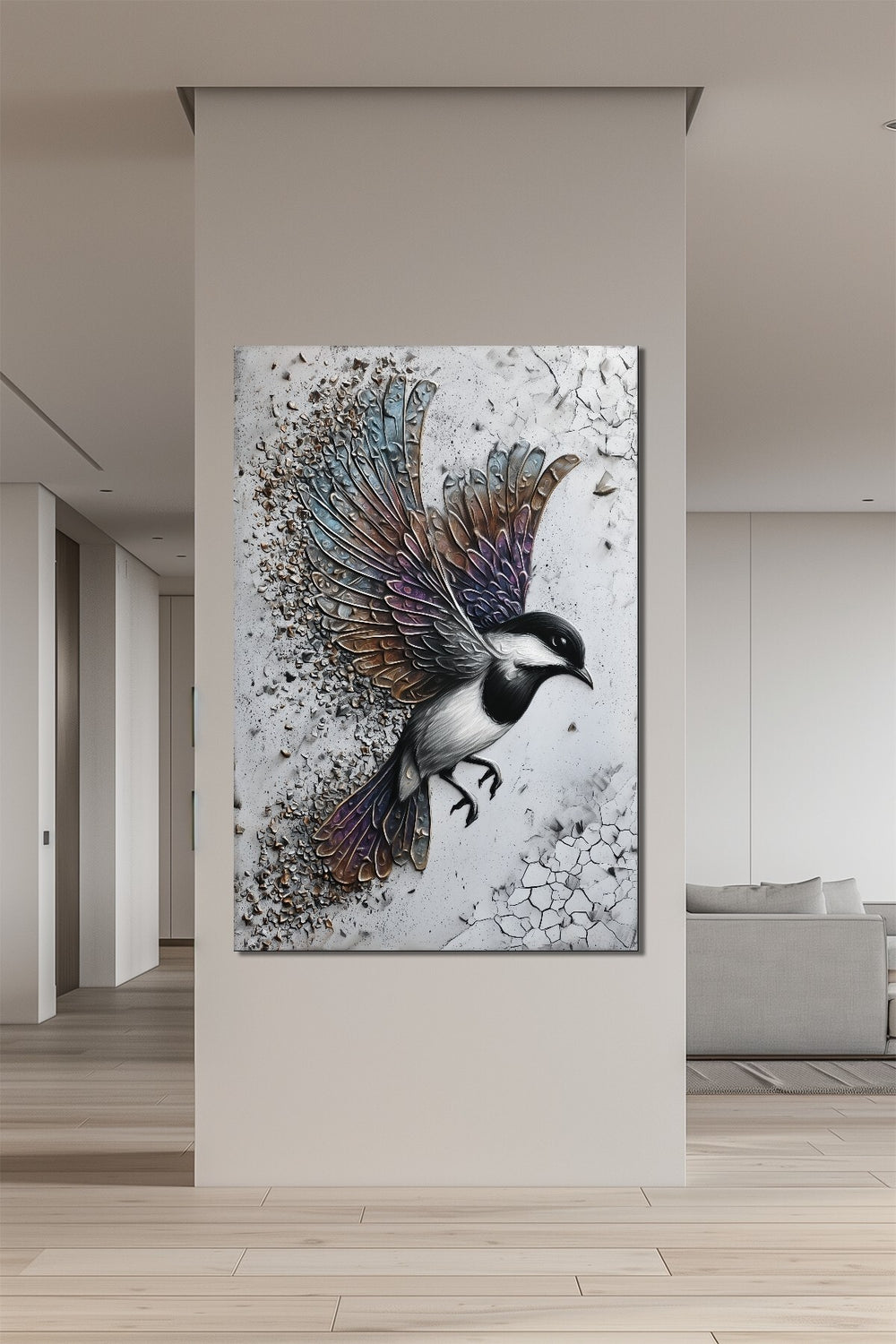 Kuş Baskılı Cam Tablo – Parçalanan Kanatlı Modern Sanat Duvar Dekoru