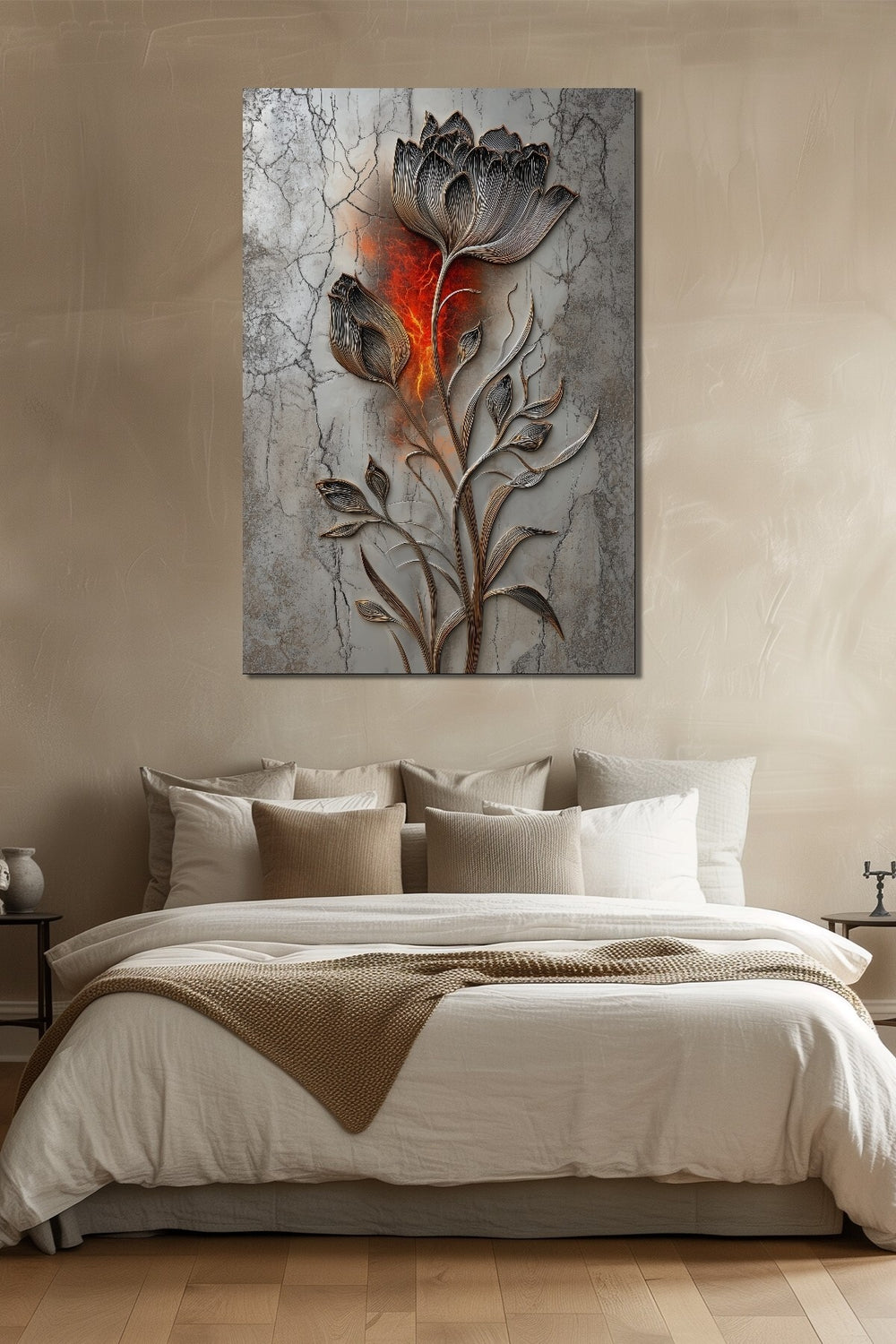 Lale Çiçeği Baskılı Cam Tablo – Mermer Zeminli Modern Floral Duvar Dekoru