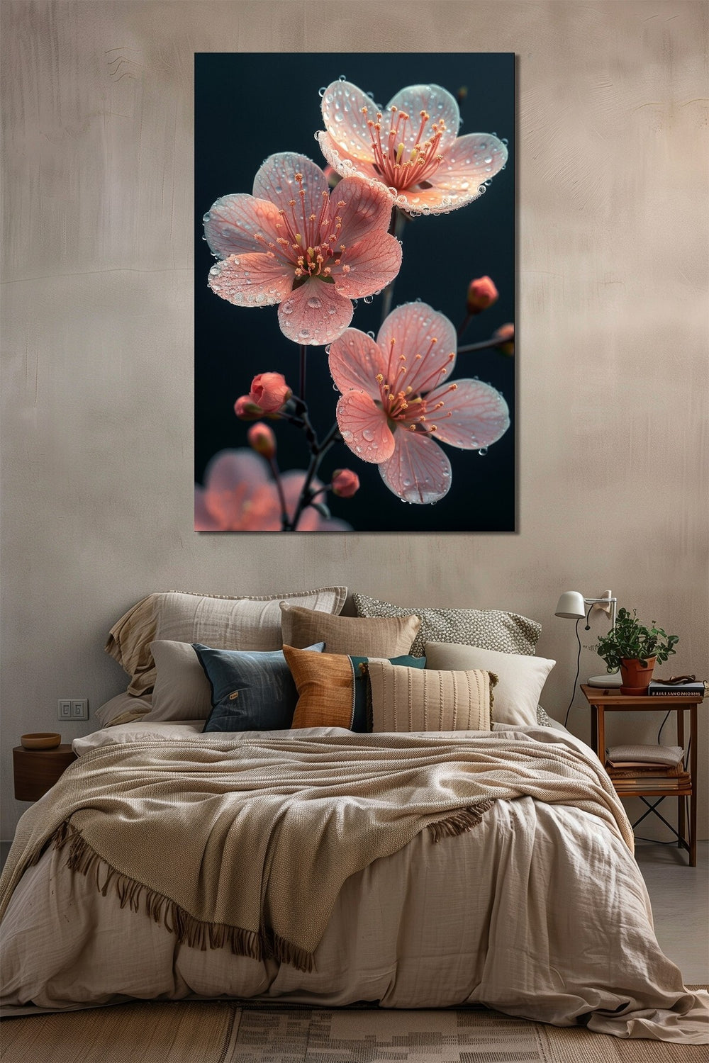 Çiçek Baskılı Cam Tablo – Pembe Sakura Çiçeği Dekoratif Duvar Tablosu