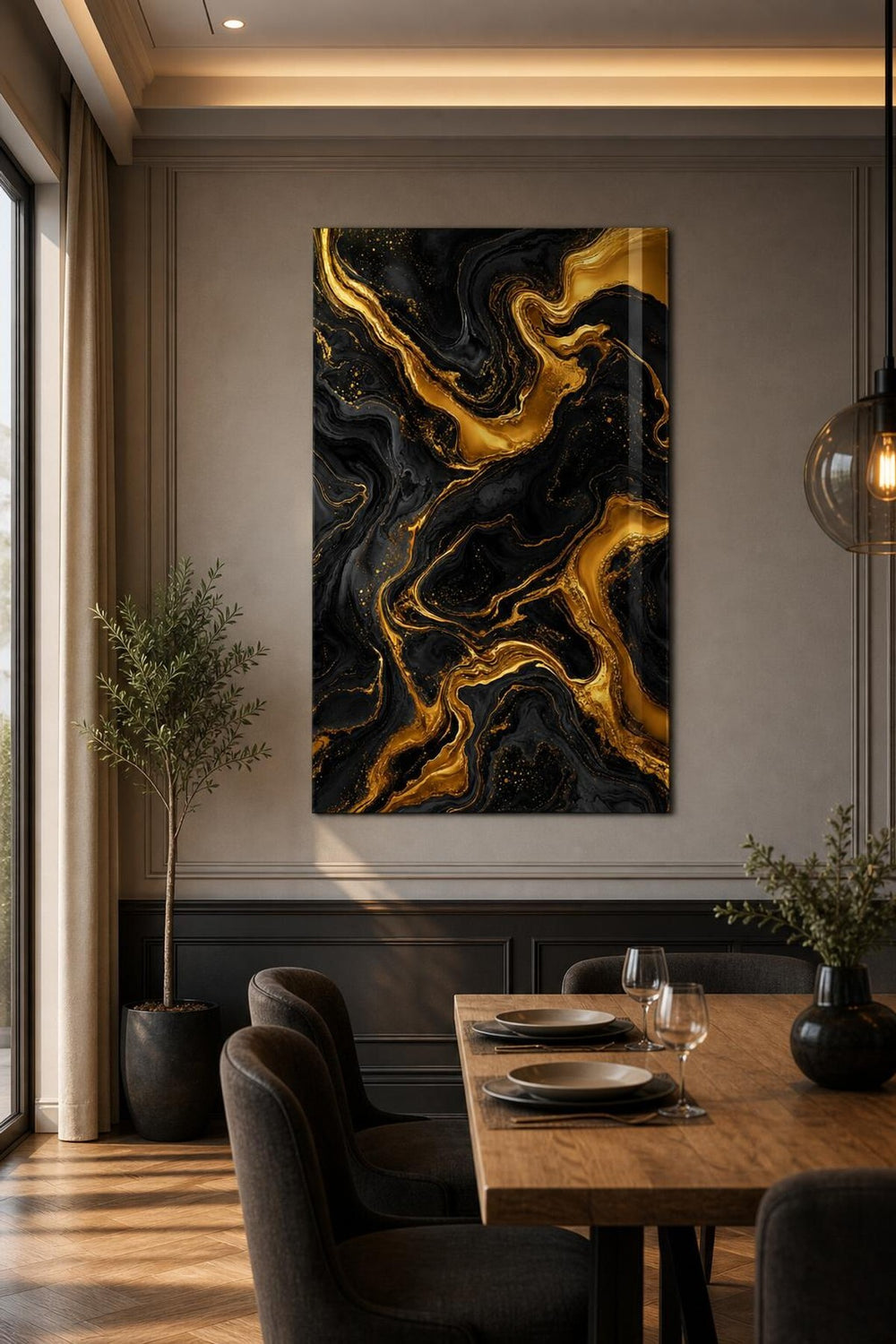 Siyah Gold Mermer Desenli Baskılı Cam Tablo – UV Baskı Dekoratif Duvar Tablosu