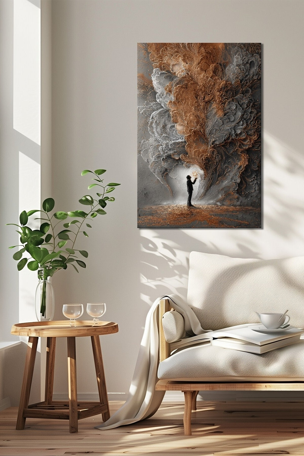 Soyut Bulut ve İnsan Silüeti Baskılı Cam Tablo – Modern Sanat UV Baskı Dekoratif Duvar Tablosu