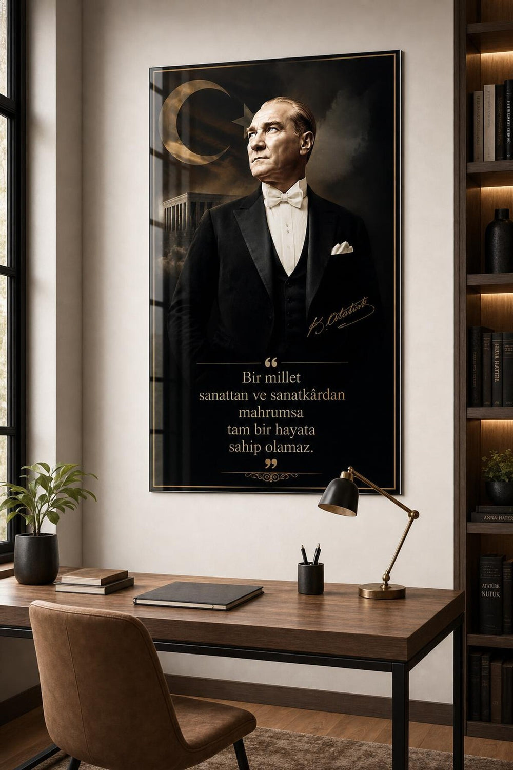 Atatürk Portreli Baskılı Cam Tablo – Türk Bayrağı ve Özlü Sözlü Duvar Dekoru
