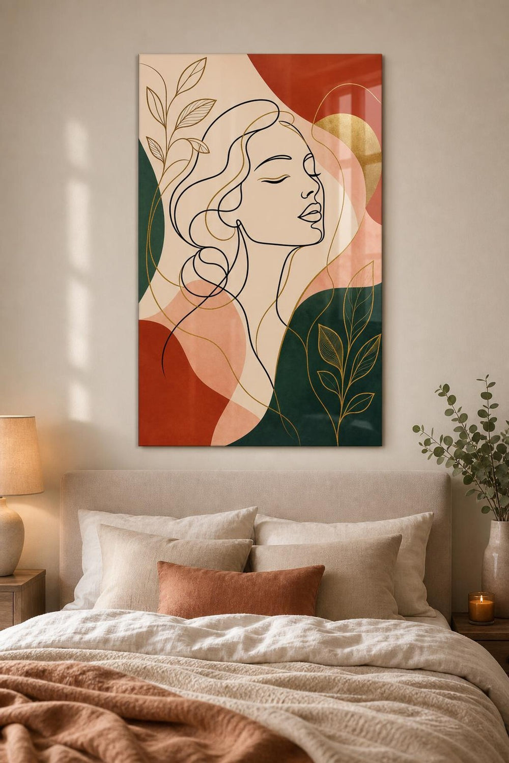 Kadın Portre Desenli Baskılı Cam Tablo – Modern Line Art UV Baskı Duvar Tablosu