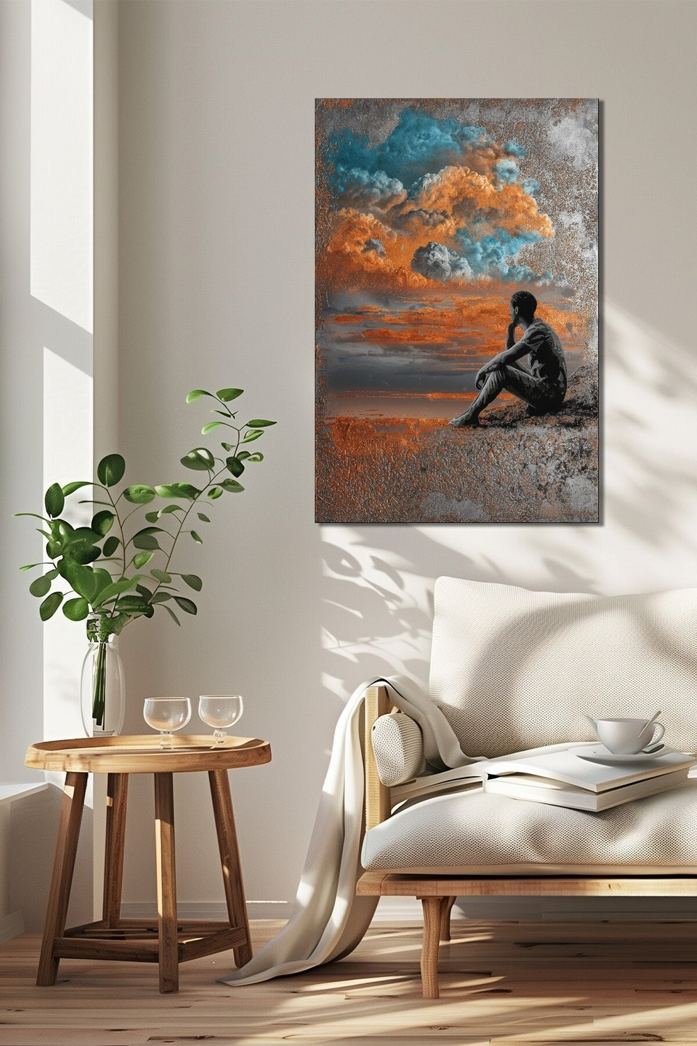 Gün Batımı Manzara İnsan Silüeti Baskılı Cam Tablo – Modern Sanat UV Baskı Dekoratif Tablo