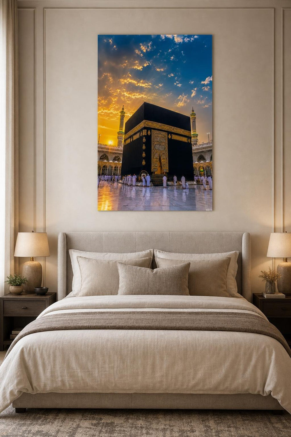 Gün Batımında Kabe Baskılı Cam Tablo – Manevi UV Baskı Dekoratif Duvar Tablosu