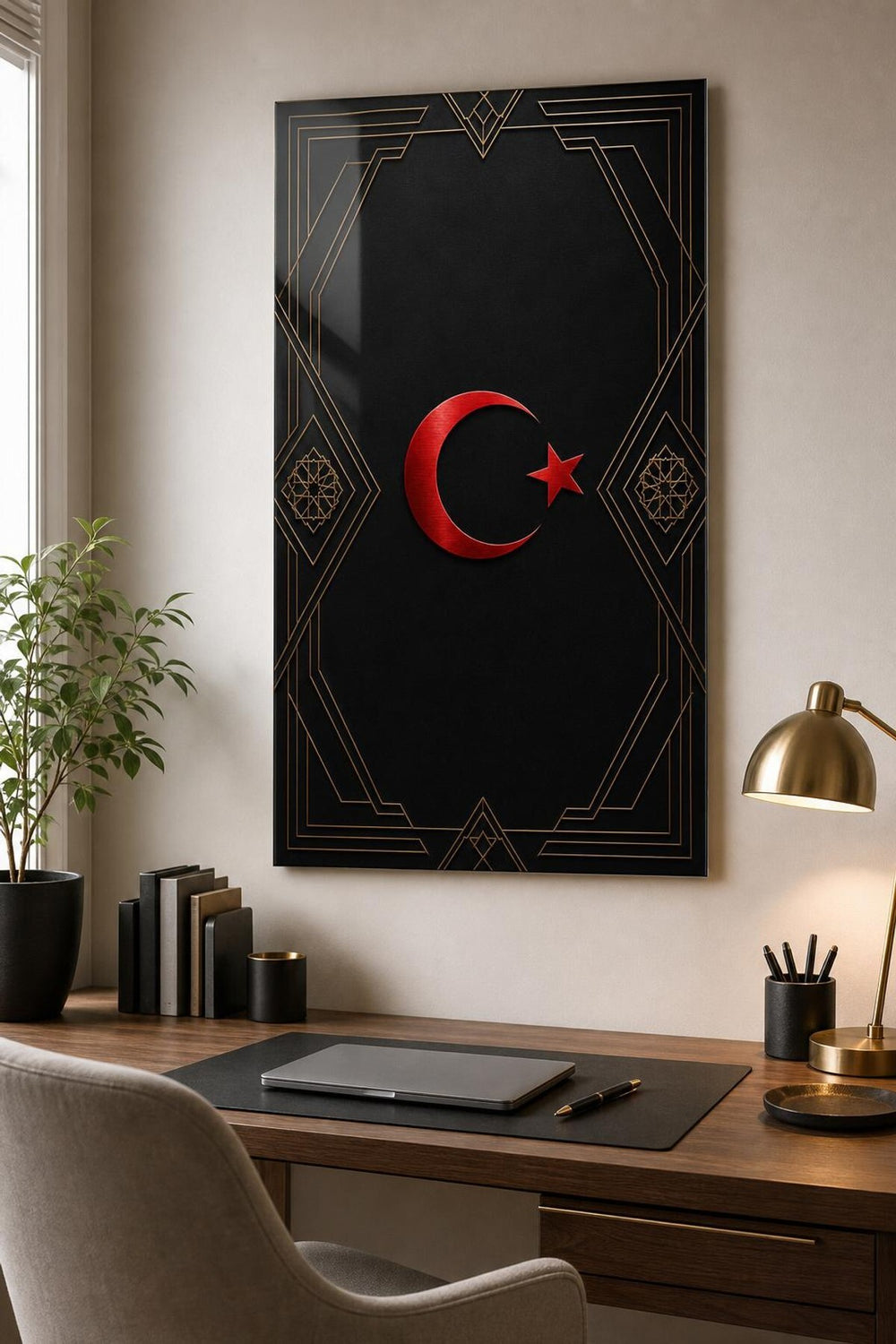 Türk Bayrağı Desenli Baskılı Cam Tablo – Siyah Gold Modern Duvar Dekoru — görsel 2