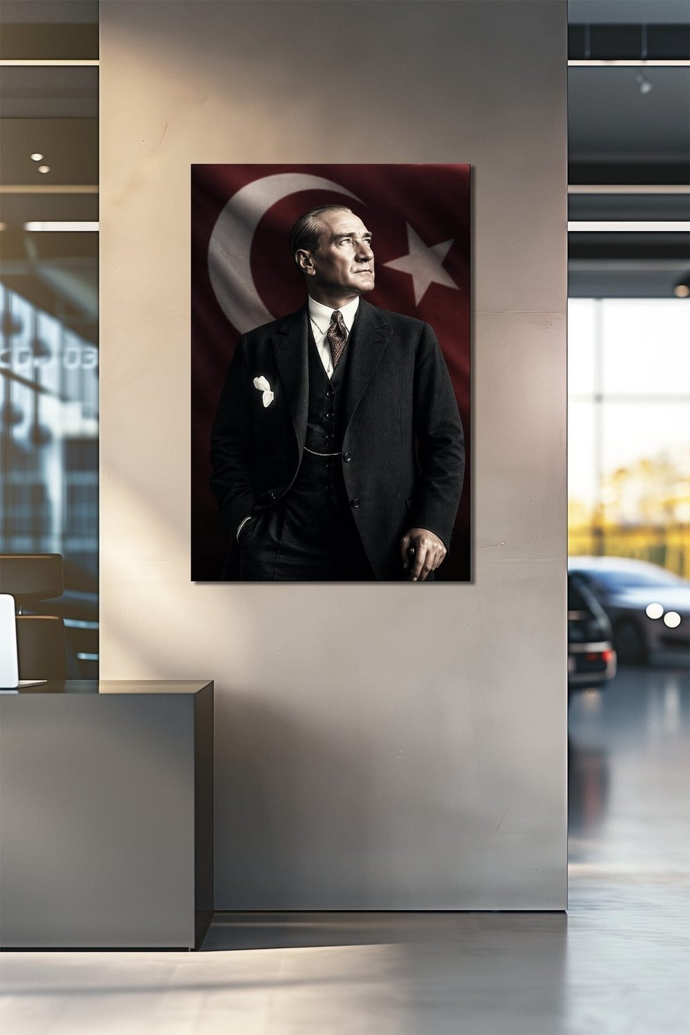 Atatürk Portre Baskılı Cam Tablo – Türk Bayraklı Prestij Serisi UV Baskı Duvar Dekoru