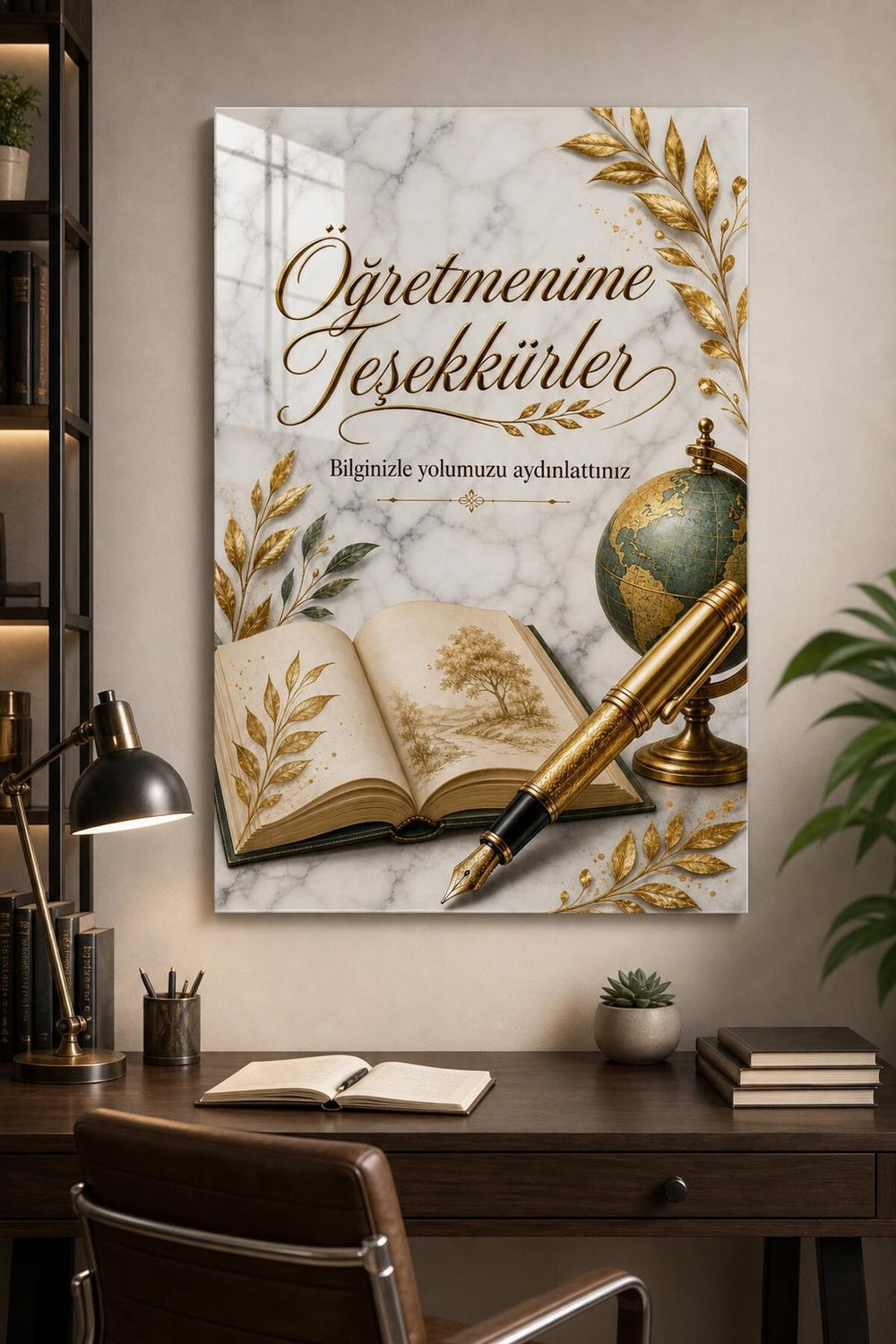 Öğretmenime Teşekkürler Baskılı Cam Tablo – Gold Detaylı Dekoratif Duvar Tablosu — görsel 2
