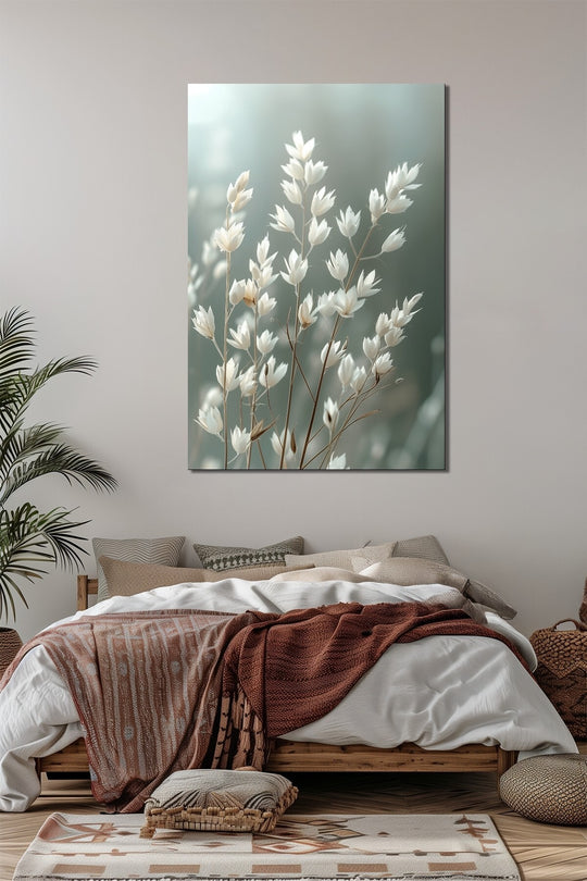 Beyaz Çiçek Cam Tablo Minimalist Pastel Yeşil UV Baskılı Temperli Boho Nordic Yatak Odası Salon Deko