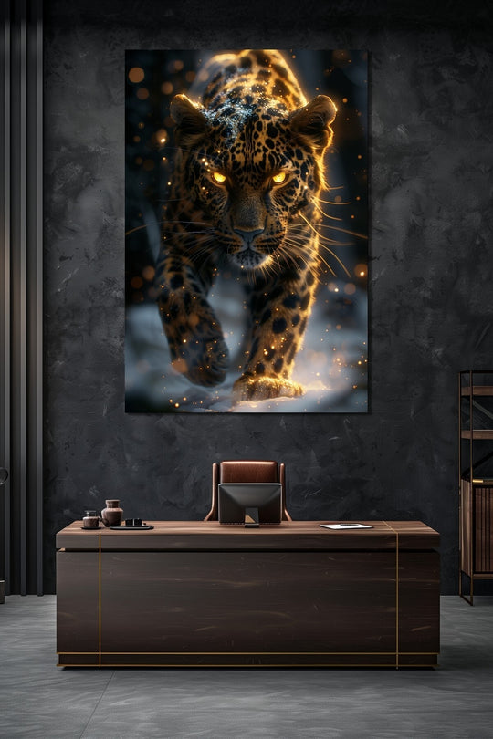 Leopar Baskılı Cam Tablo – Altın Işıltılı Modern Vahşi Doğa Dekoru