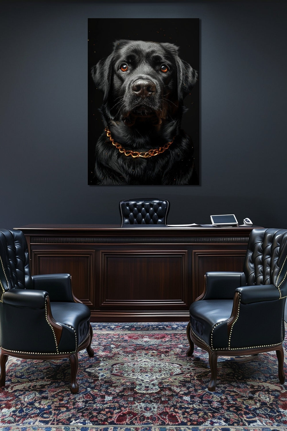 Siyah Köpek Baskılı Cam Tablo – Gold Zincir Detaylı Modern Hayvan Temalı Duvar Dekoru