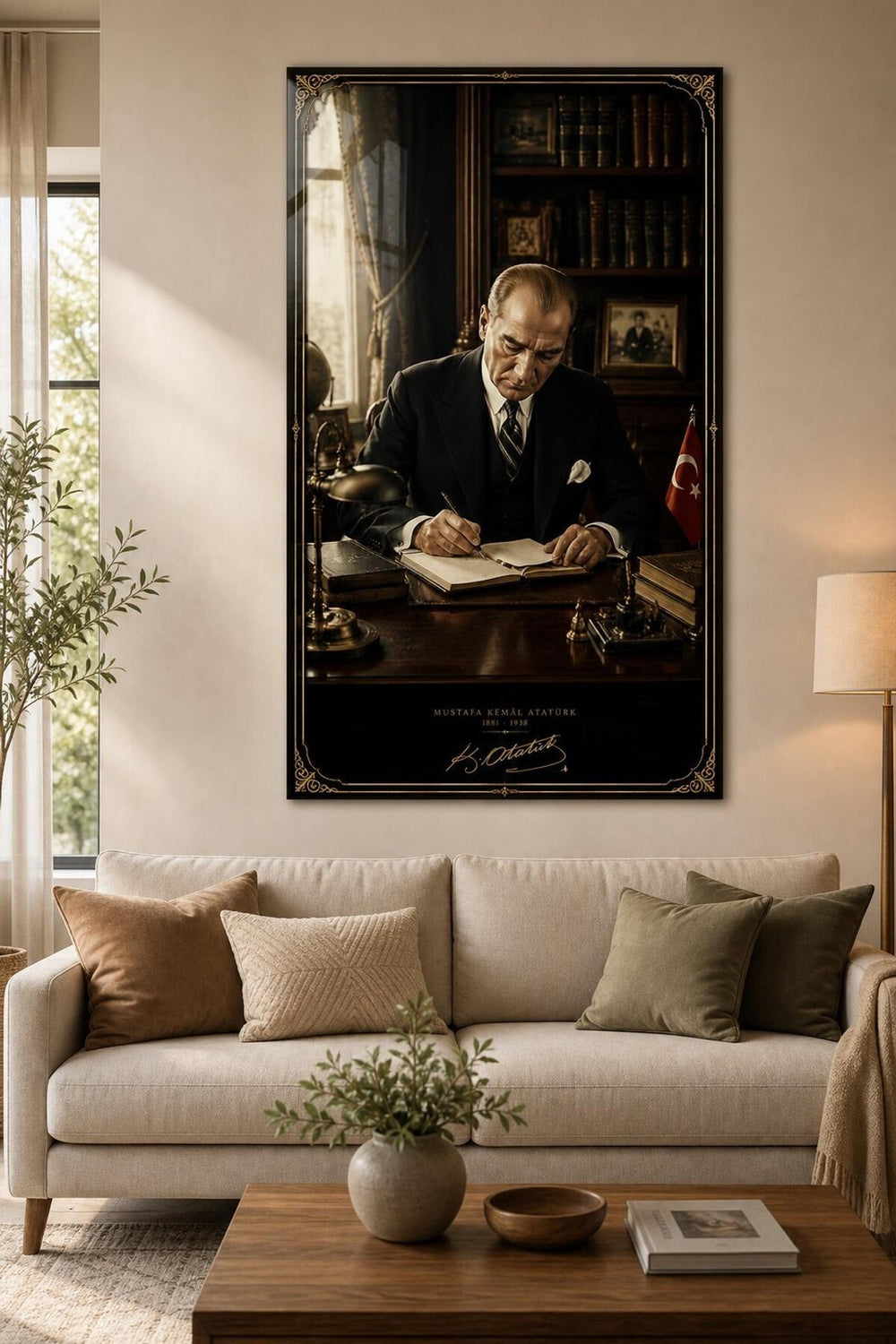 Atatürk Çalışma Masasında Baskılı Cam Tablo – Türk Bayraklı UV Baskı Dekoratif Duvar Tablosu