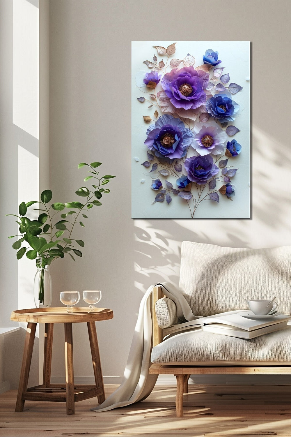 Çiçek Baskılı Cam Tablo – Mor ve Mavi Tonlu 3D Floral Dekoratif Duvar Tablosu