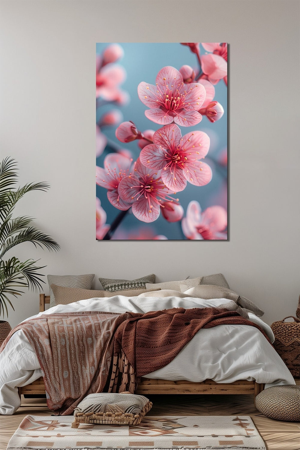 Sakura Çiçeği Baskılı Cam Tablo – Pembe Çiçek Desenli Modern Duvar Tablosu