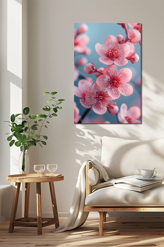 Sakura Çiçeği Baskılı Cam Tablo – Pembe Çiçek Desenli Modern Duvar Tablosu