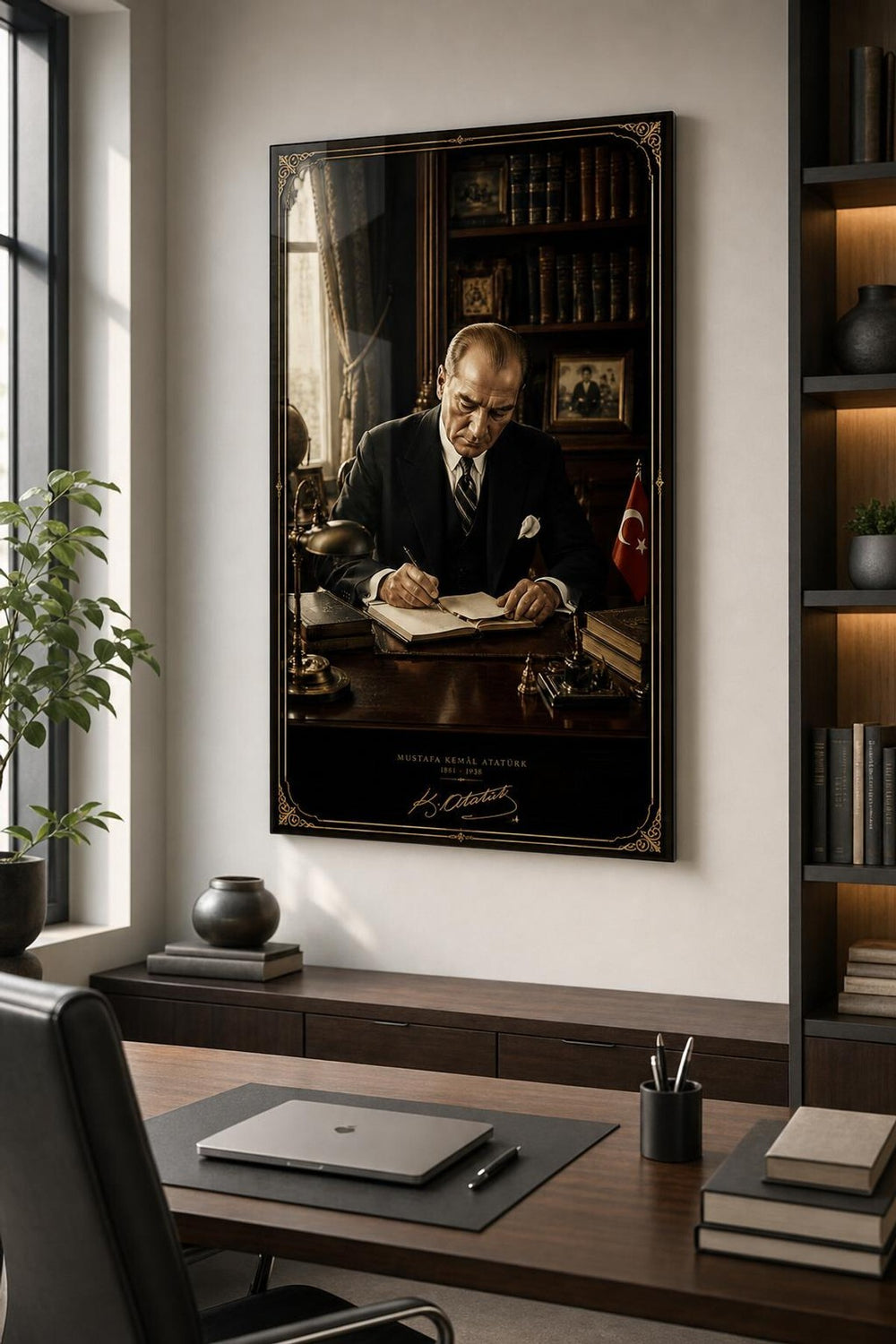 Atatürk Çalışma Masasında Baskılı Cam Tablo – Türk Bayraklı UV Baskı Dekoratif Duvar Tablosu