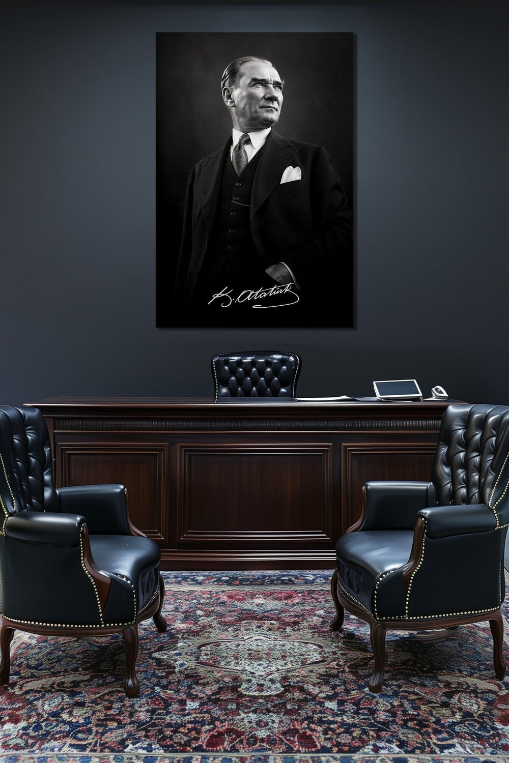 Atatürk İmzalı Siyah Beyaz Cam Tablo – Modern Prestij UV Baskı Duvar Dekoru