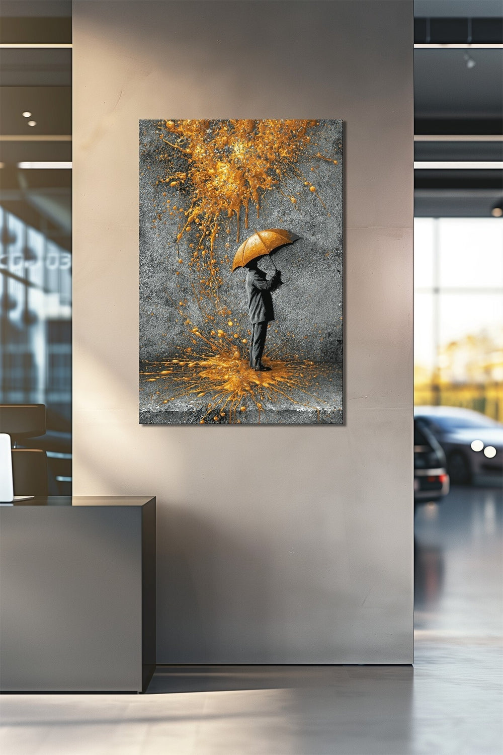 Şemsiyeli Adam Soyut Altın Sıçrama Baskılı Cam Tablo – Modern Sanat UV Baskı