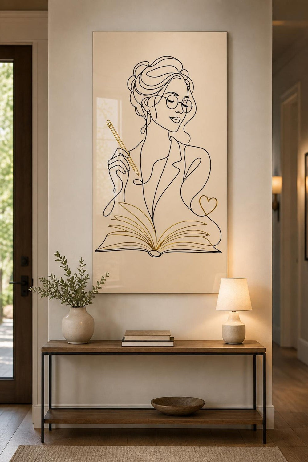 Kitap Okuyan Kadın Baskılı Cam Tablo – Minimalist Çizgi Sanatı UV Baskı