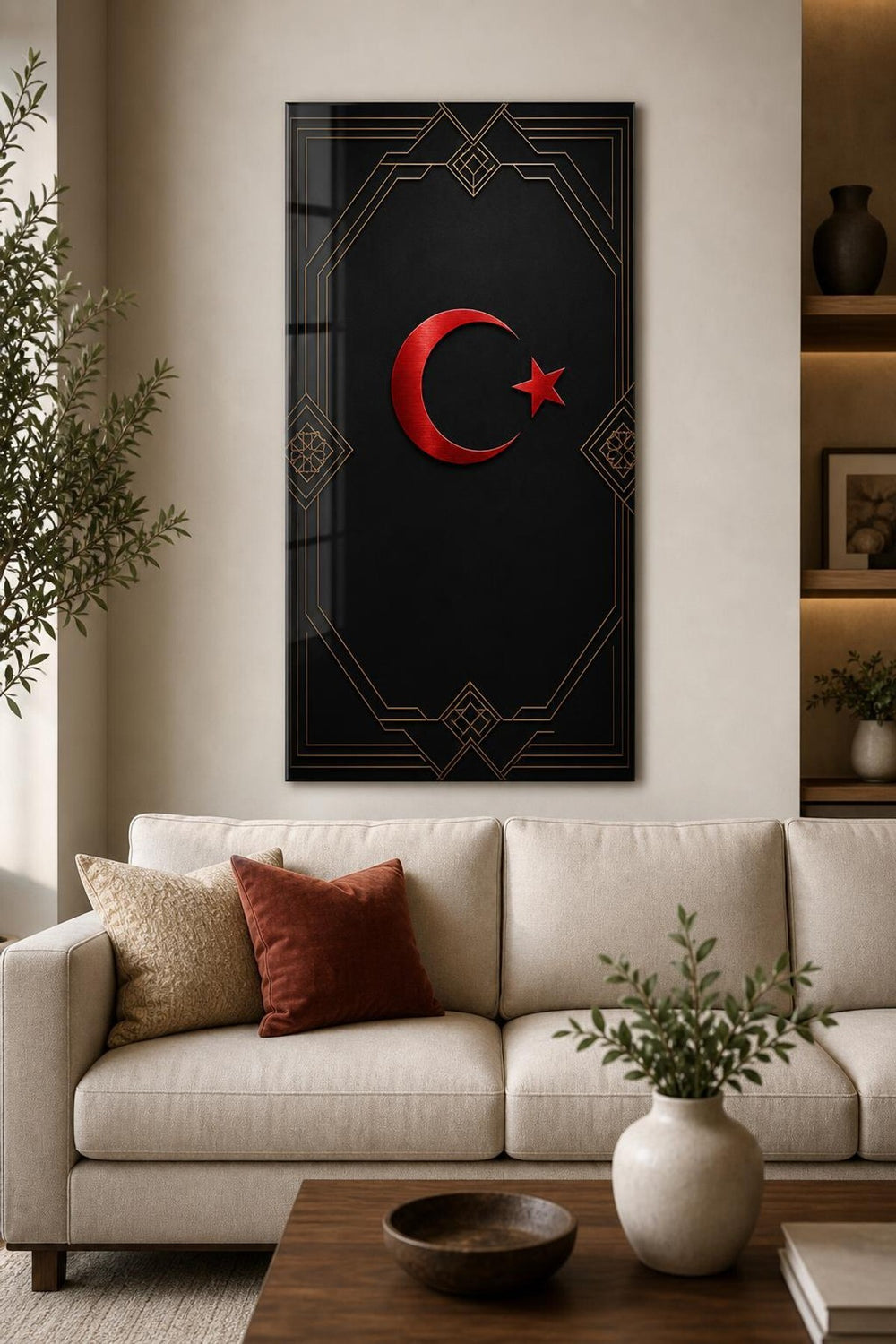 Türk Bayrağı Desenli Baskılı Cam Tablo – Siyah Gold Modern Duvar Dekoru — görsel 1