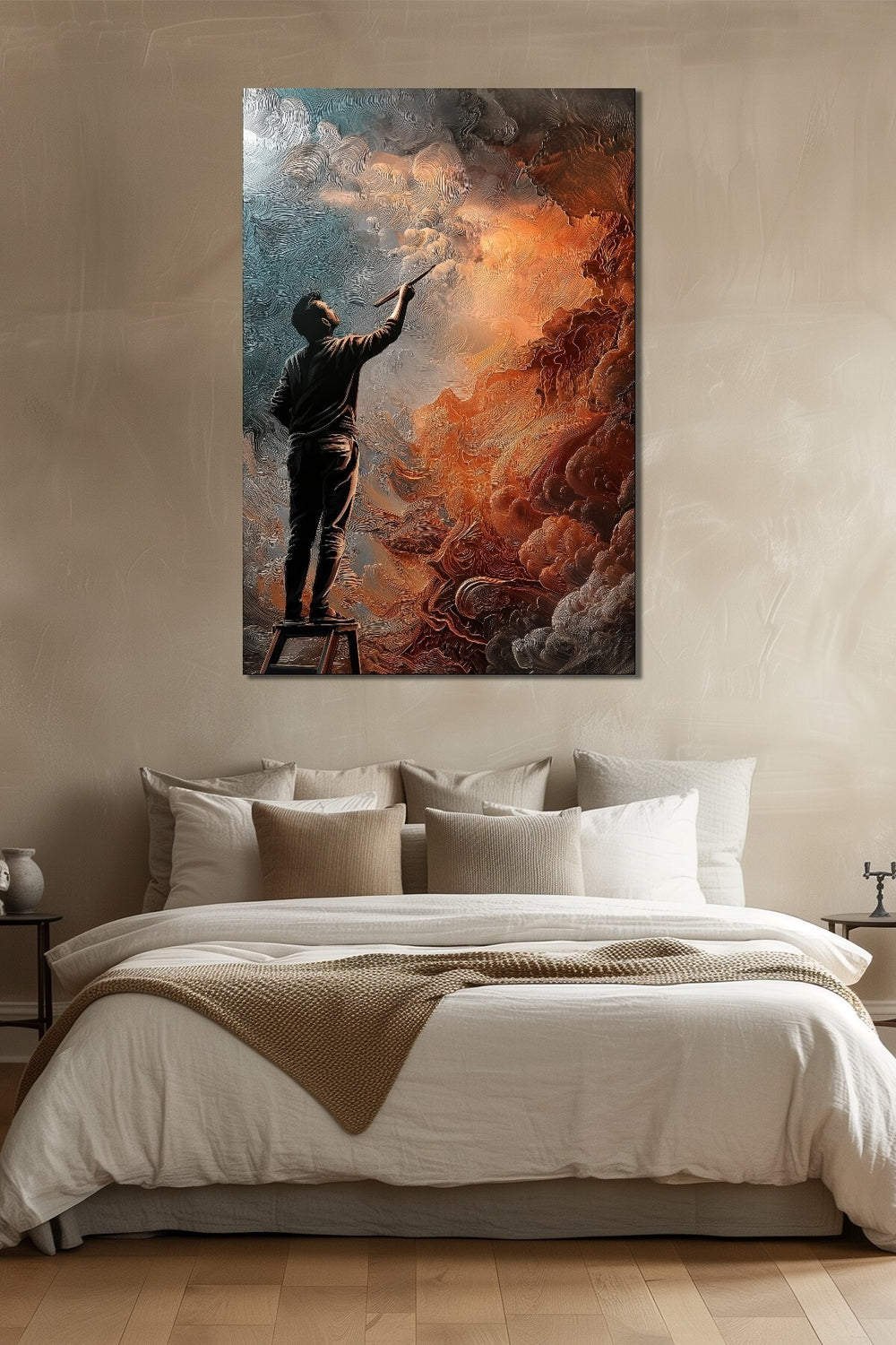 Soyut Ressam Baskılı Cam Tablo – Sanatsal Fırça Dokulu Modern Duvar Dekoru