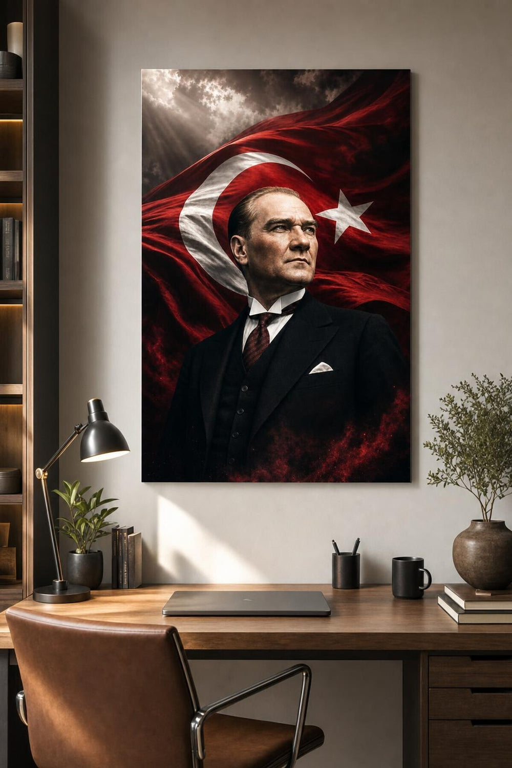 Atatürk Dalgalanan Bayrak Portre Baskılı Cam Tablo – UV Baskı Dekoratif Duvar Tablosu