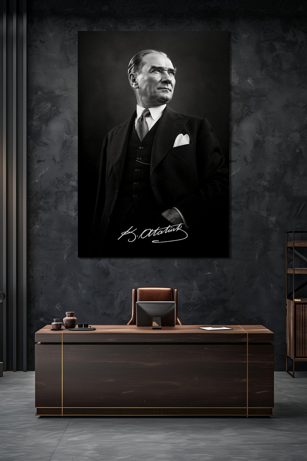 Atatürk İmzalı Siyah Beyaz Cam Tablo – Modern Prestij UV Baskı Duvar Dekoru