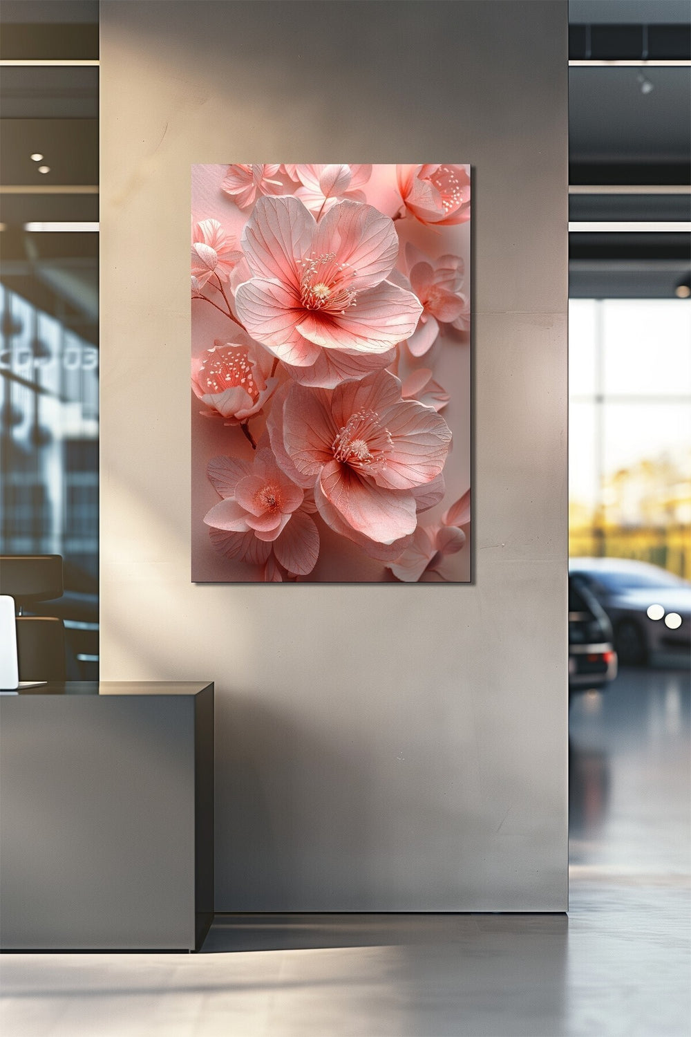Çiçek Baskılı Cam Tablo – Pembe Floral Desenli Modern Dekoratif Duvar Tablosu